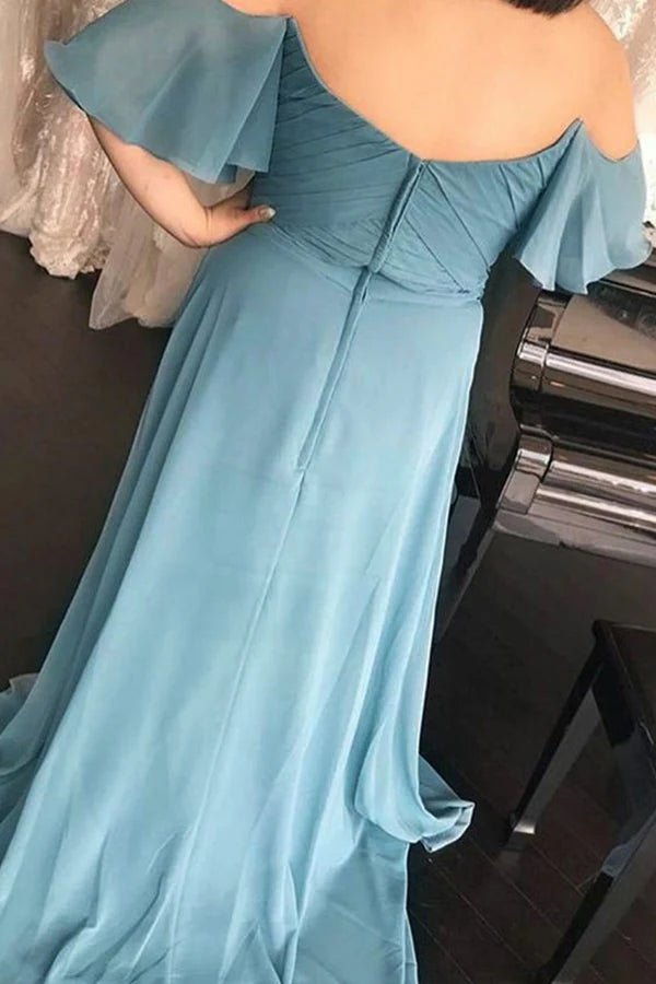 Long Off-the-Should Ruched Blue Chiffon Bridesmaid Dress