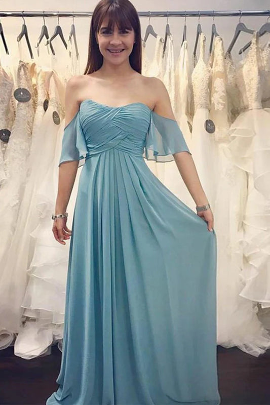 Long Off-the-Should Ruched Blue Chiffon Bridesmaid Dress