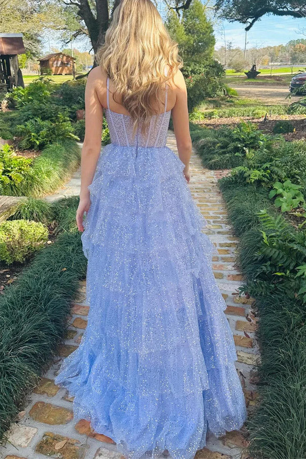 Tulle Sequin Ruffle Tiered Long Prom Dress Formal Dress