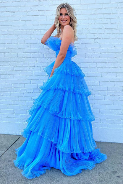 Charming A Line Strapless  Long Prom Dress with Ruffles