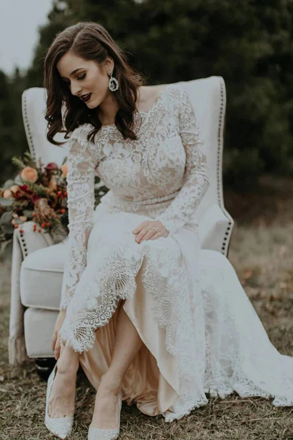 Long Sleeve Vintage Wedding Dress Backless Rustic Bridal Gown