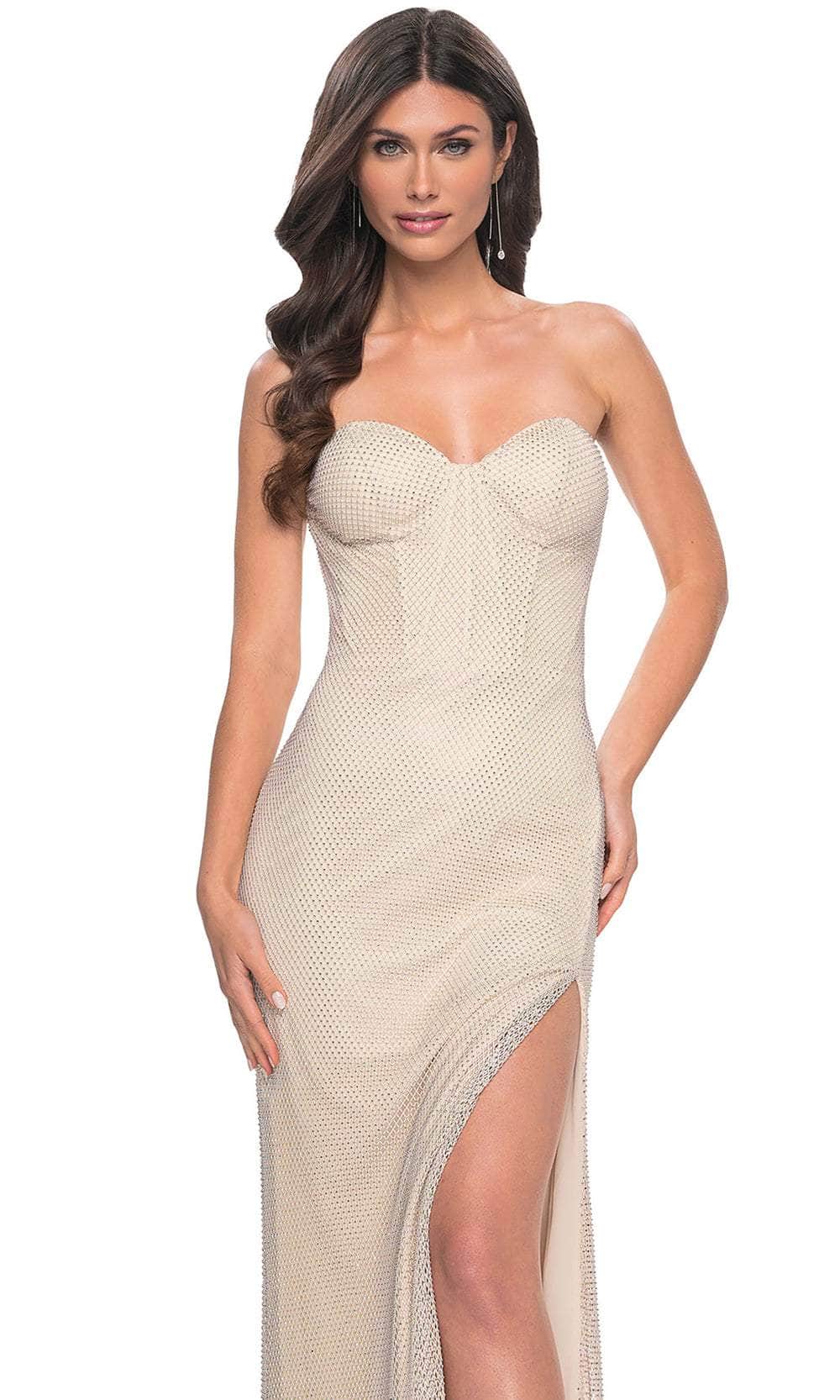 Luminous Champagne Beaded Strapless with Lace-Up Back and High Slit Evening Dress