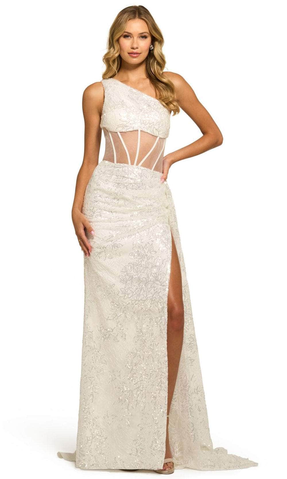 Luminous Ivory Sequin One-Shoulder with Sheer Corset Cutout and High Slit Evening Dress