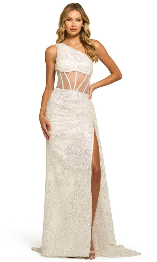 Luminous Ivory Sequin One-Shoulder with Sheer Corset Cutout and High Slit Evening Dress