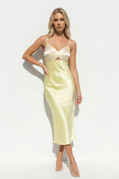 Lustrous Satin Cami-Cross-Front Tie-Back Midi Evening Dress