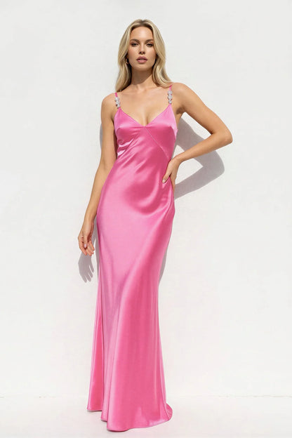 Lustrous Satin Cami-Deep-V Crystal-Strap Open-Back Long Evening Dress