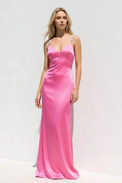 Lustrous Satin Cami-Deep-V Crystal-Strap Open-Back Long Evening Dress