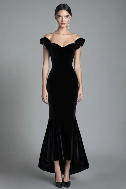 Luxe Black Velvet Off-Shoulder Ruffle Mermaid High-Low Evening Dress