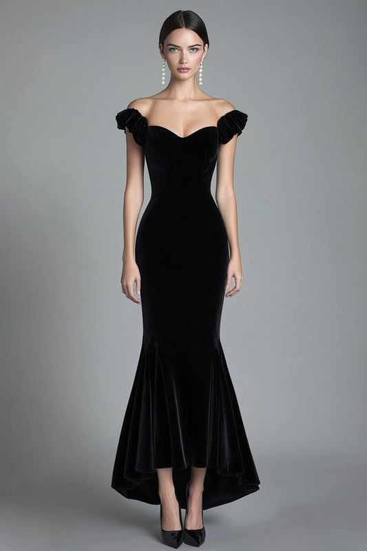 Luxe Black Velvet Off-Shoulder Ruffle Mermaid High-Low Evening Dress