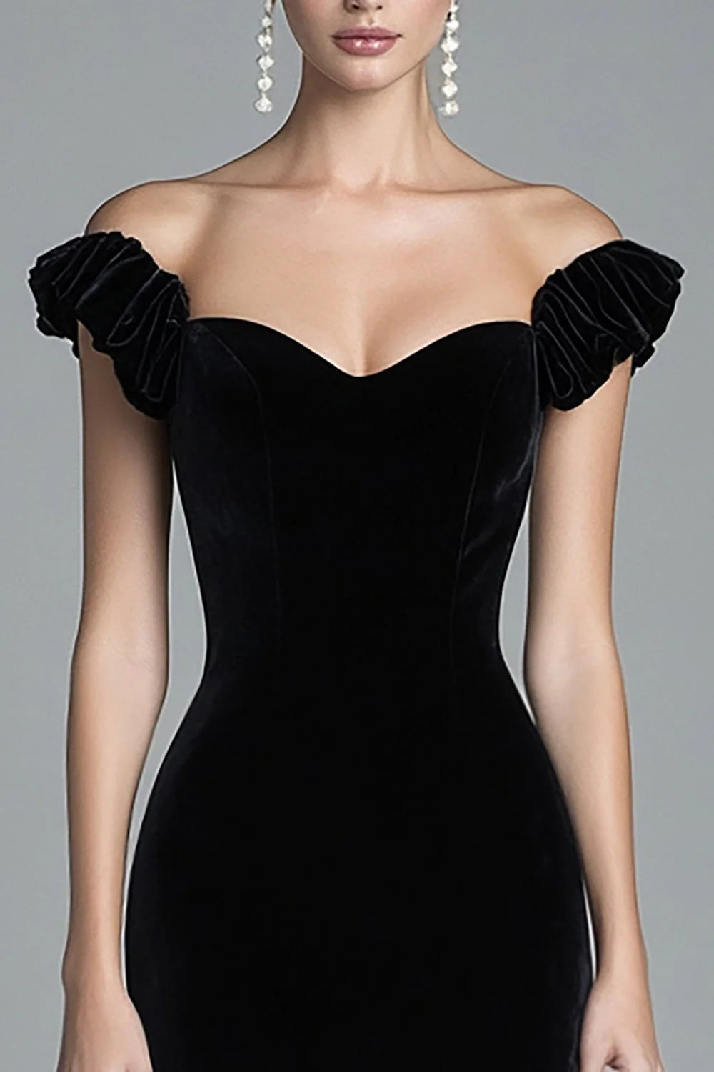 Luxe Black Velvet Off-Shoulder Ruffle Mermaid High-Low Evening Dress