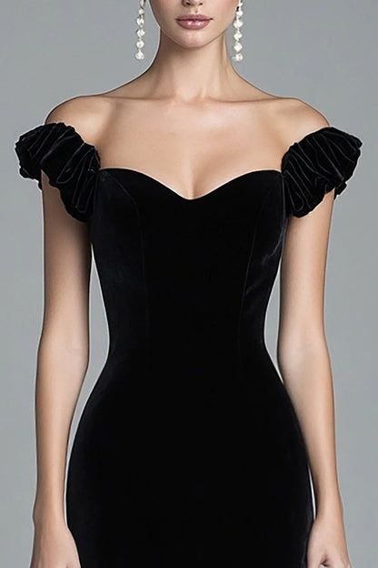 Luxe Black Velvet Off-Shoulder Ruffle Mermaid High-Low Evening Dress