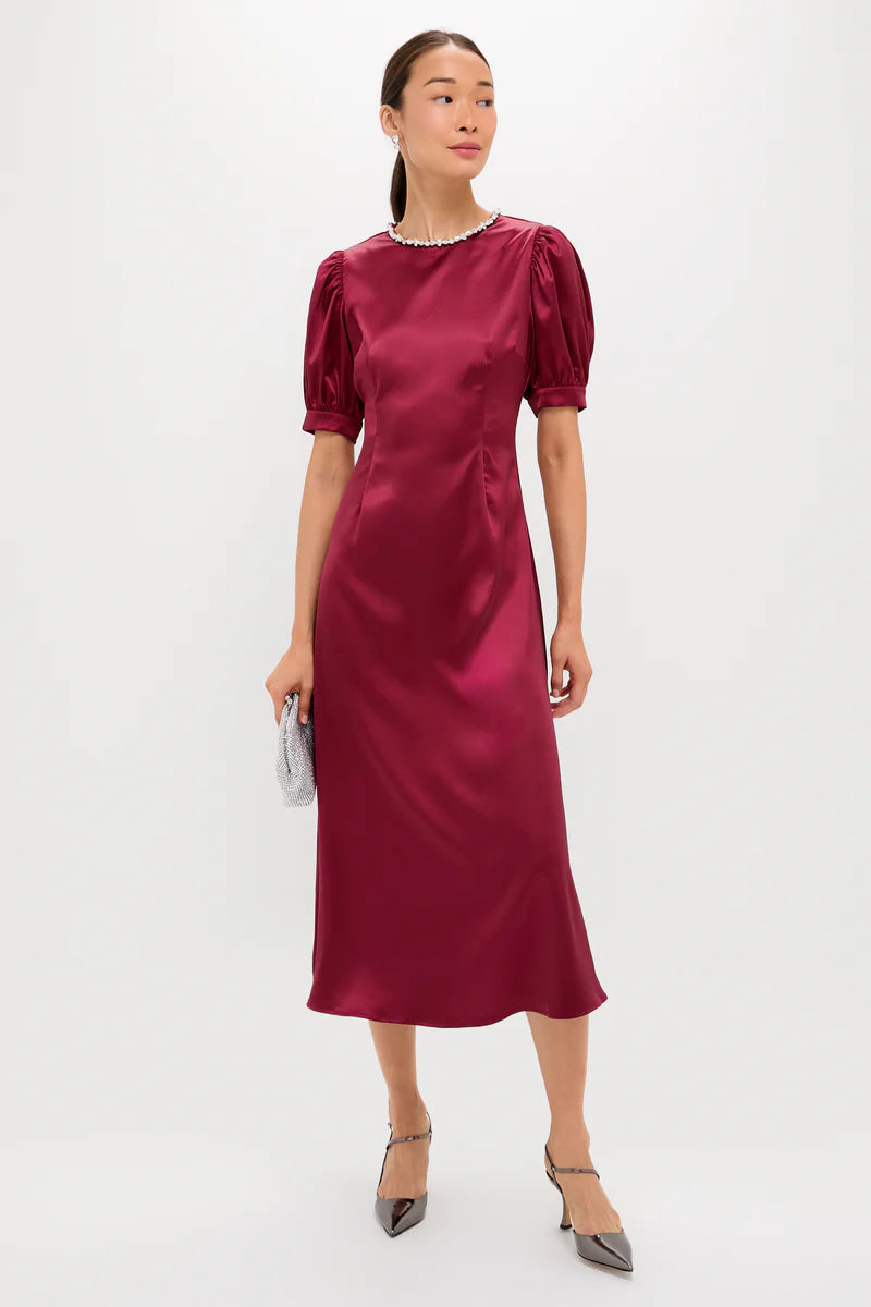 Luxe Burgundy Satin Midi Dress with Pearl Neckline and Puff Sleeves, Evening Dresses