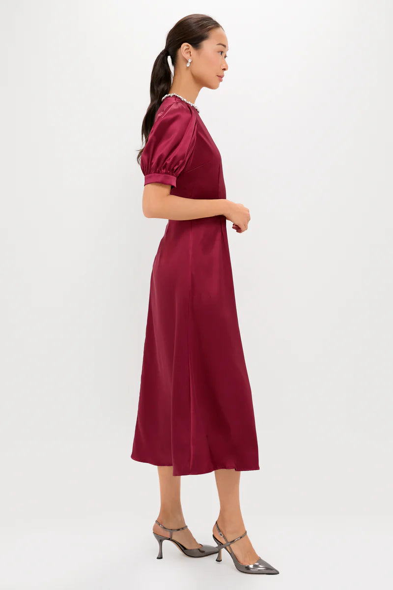 Luxe Burgundy Satin Midi Dress with Pearl Neckline and Puff Sleeves, Evening Dresses