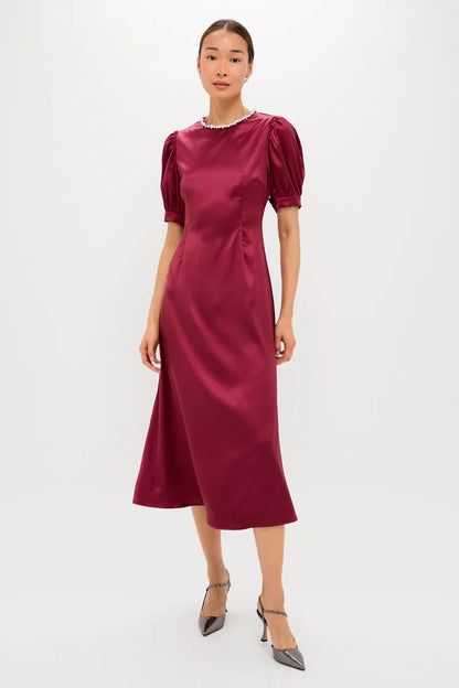 Luxe Burgundy Satin Midi Dress with Pearl Neckline and Puff Sleeves, Evening Dresses