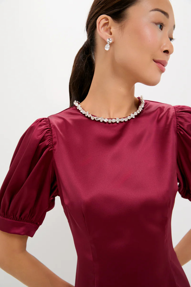 Luxe Burgundy Satin Midi Dress with Pearl Neckline and Puff Sleeves, Evening Dresses