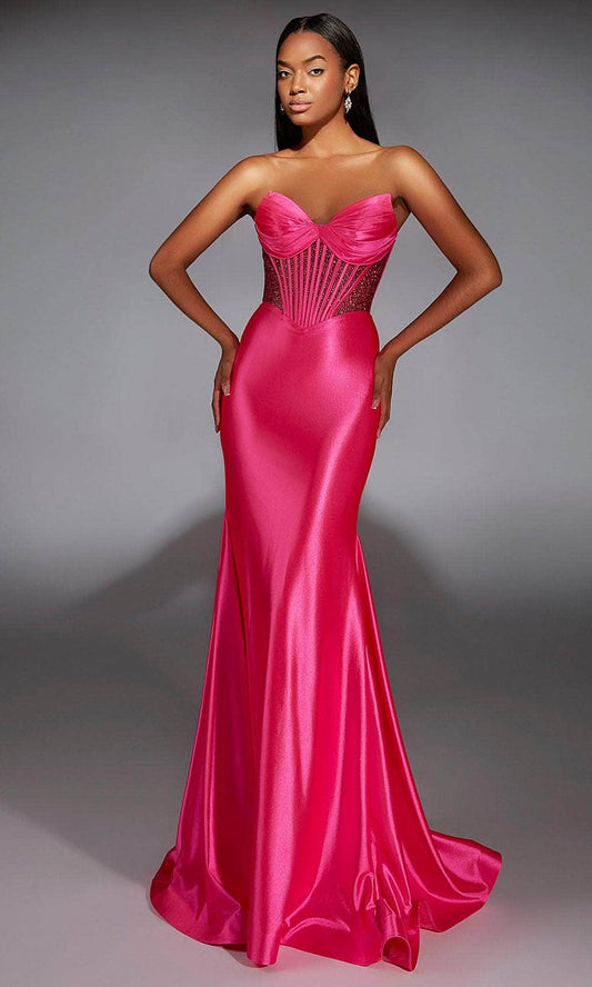 Luxe Fuchsia Satin Strapless with Beaded Corset Bodice and Mermaid Train Evening Dress