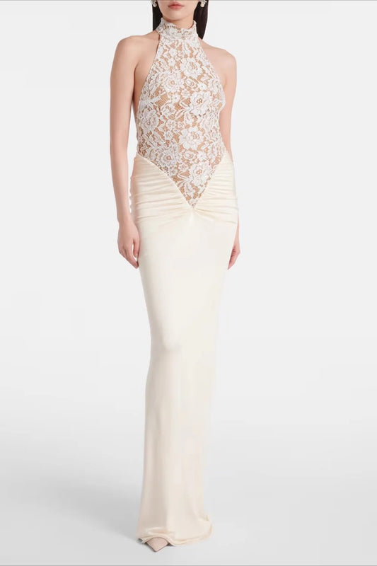 Luxe Ivory Lace Halter Mermaid Gown with Satin Skirt, Evening Dresses