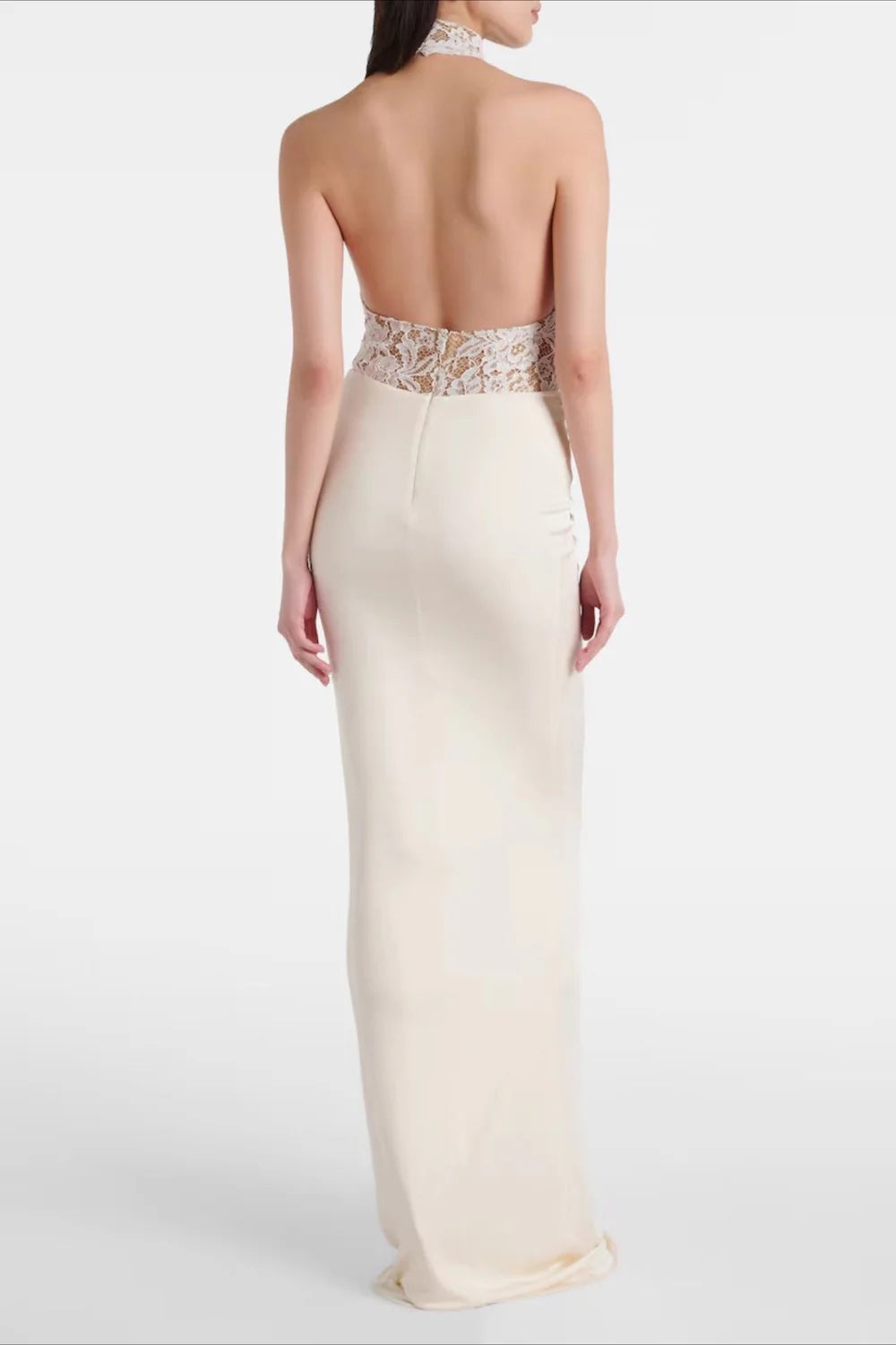 Luxe Ivory Lace Halter Mermaid Gown with Satin Skirt, Evening Dresses