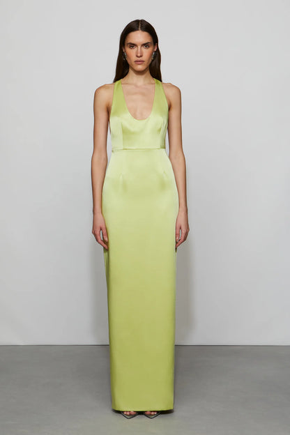 Luxe Lime Green Satin Halter Neck Plunge V-Neck Floor-Length Evening Dress