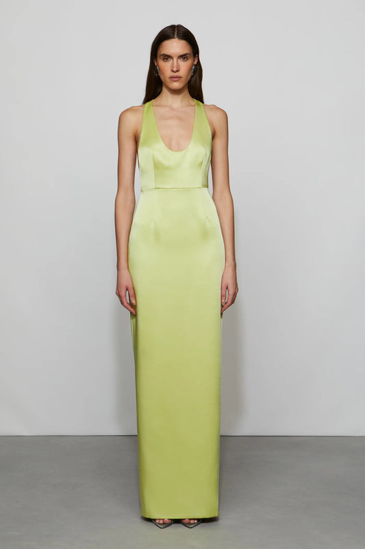 Luxe Lime Green Satin Halter Neck Plunge V-Neck Floor-Length Evening Dress