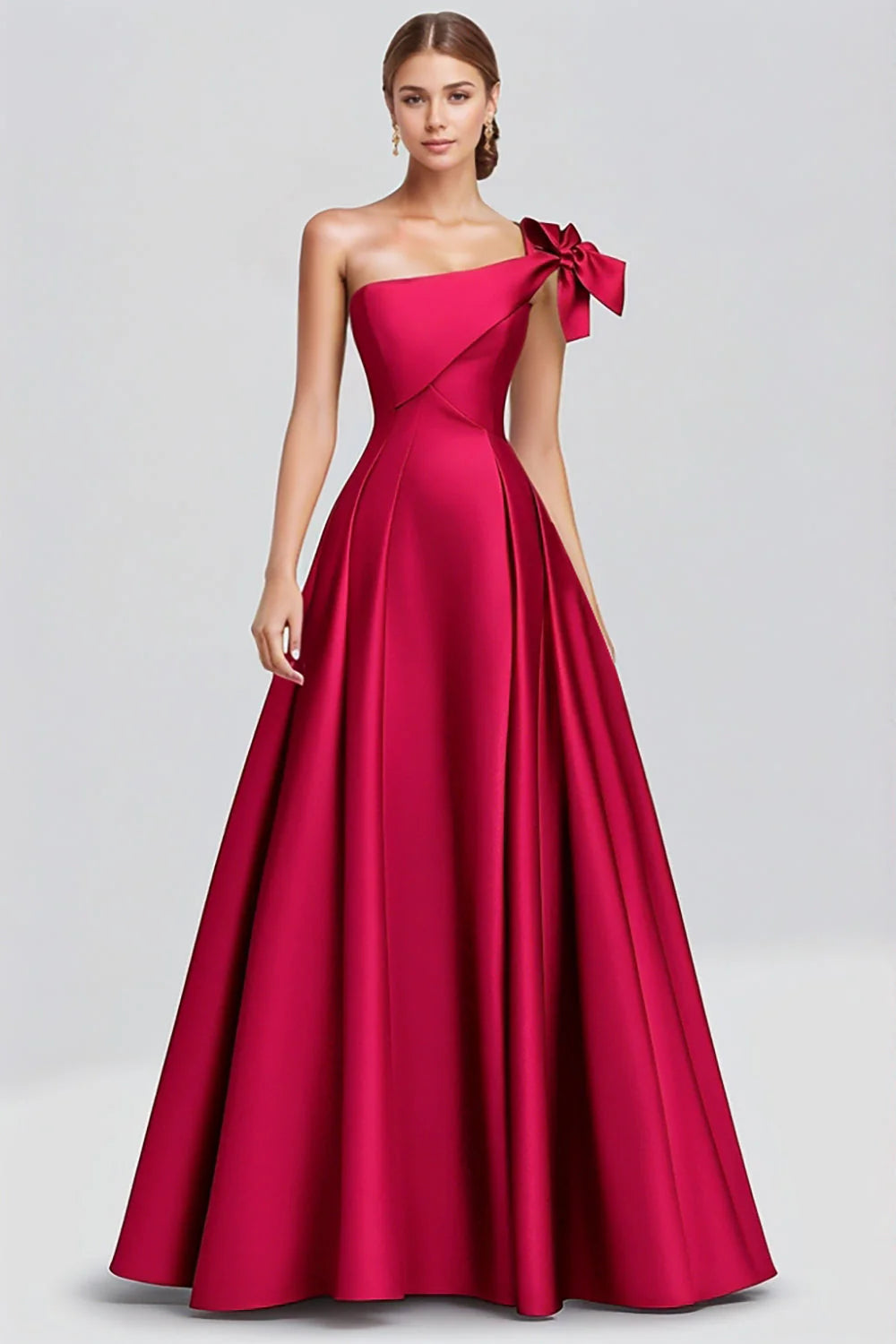 Luxe Magenta Satin One-Shoulder Bow Accent Ballgown Evening Dress