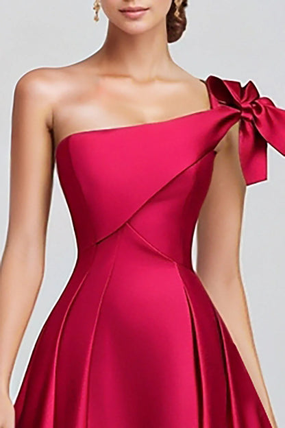 Luxe Magenta Satin One-Shoulder Bow Accent Ballgown Evening Dress