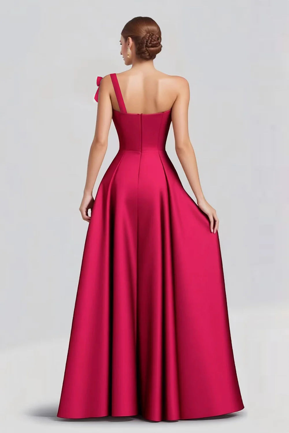 Luxe Magenta Satin One-Shoulder Bow Accent Ballgown Evening Dress