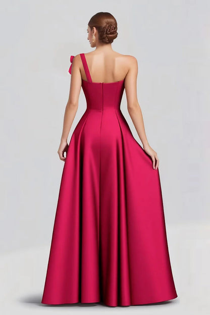 Luxe Magenta Satin One-Shoulder Bow Accent Ballgown Evening Dress