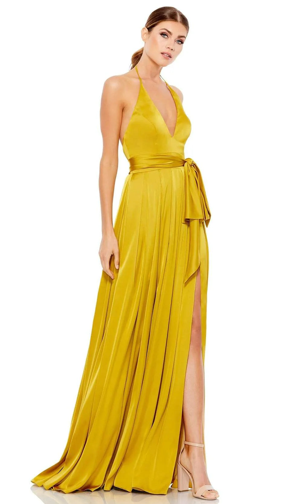Luxe Mustard Satin Halter Strap with Open Back and High Slit Evening Dress