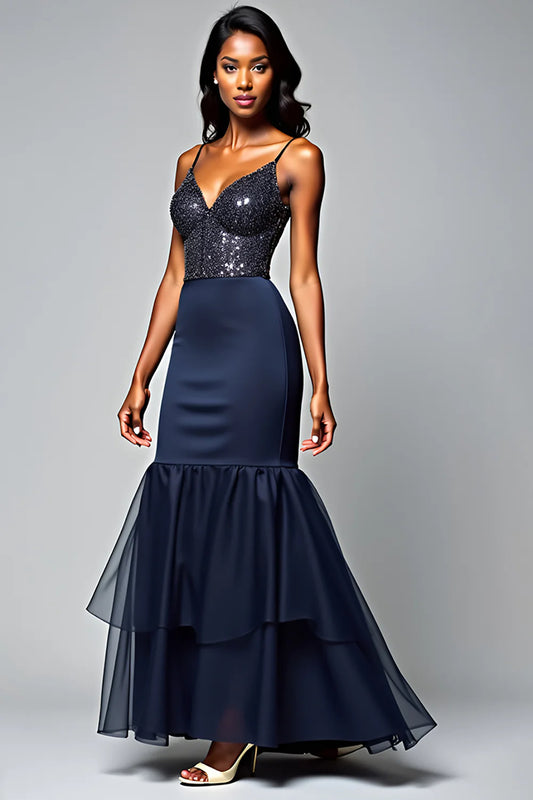 Luxe Navy Sequin Bodice Spaghetti Strap Tiered Mermaid Evening Dress