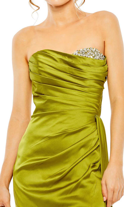 Luxe Olive Satin Strapless with Crystal Accent Ruched Bodice and High Slit Evening Dress