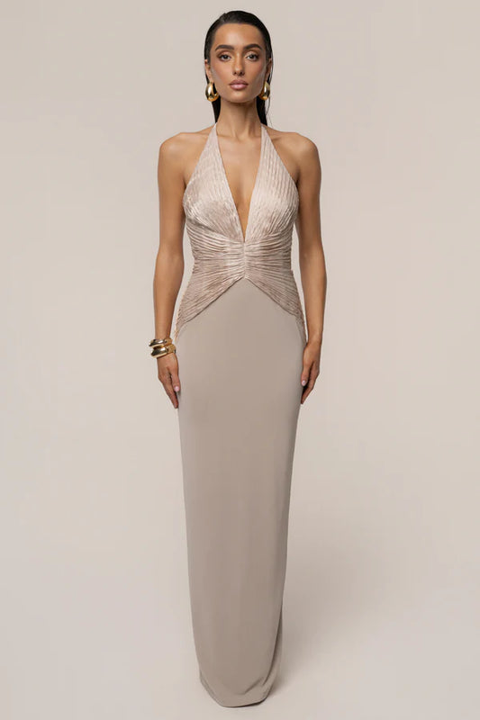 Luxe Taupe Halter Maxi Dress with Pleated Satin Bodice, Evening Dresses