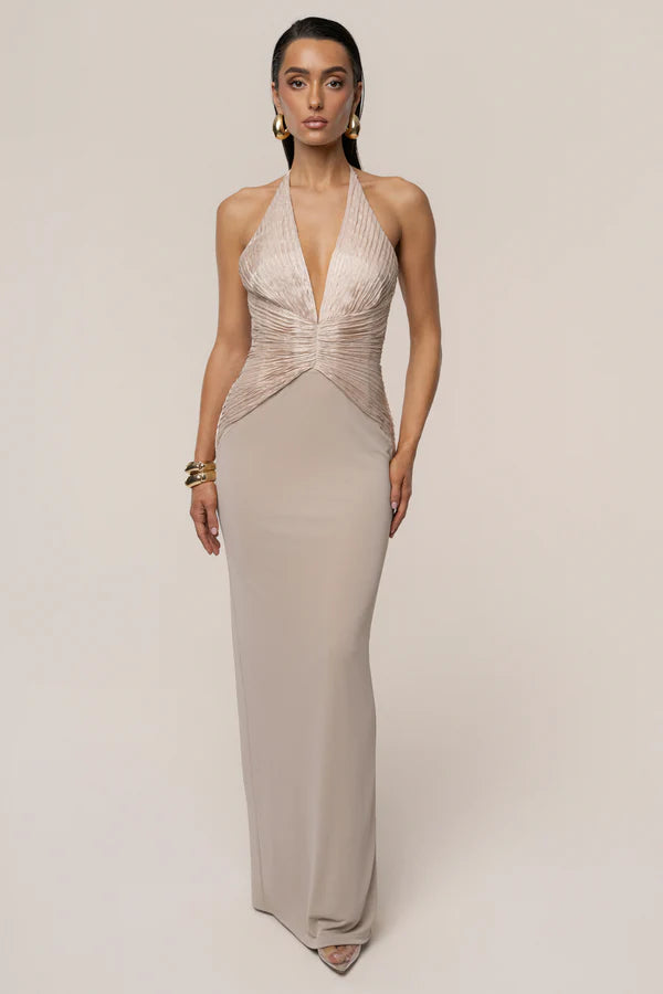 Luxe Taupe Halter Maxi Dress with Pleated Satin Bodice, Evening Dresses