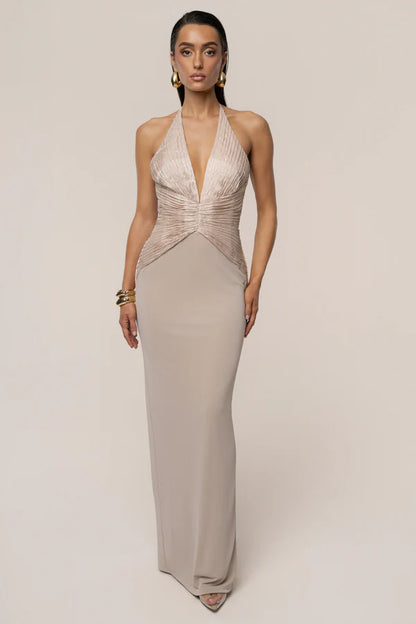 Luxe Taupe Halter Maxi Dress with Pleated Satin Bodice, Evening Dresses