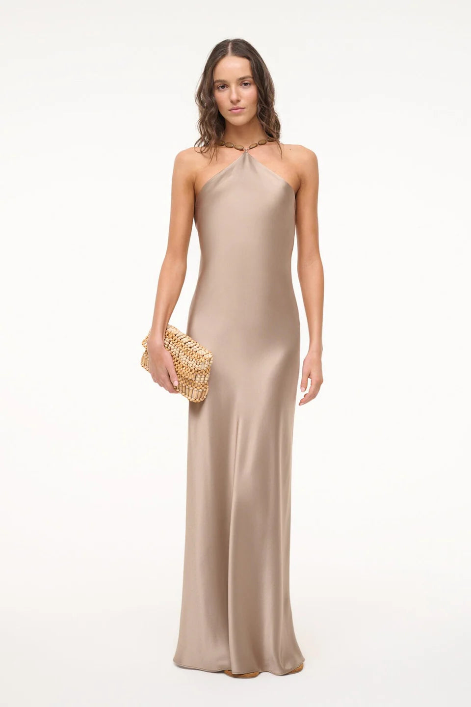 Luxe Taupe Satin Halter Maxi Dress with Minimalist Silhouette, Evening Dresses