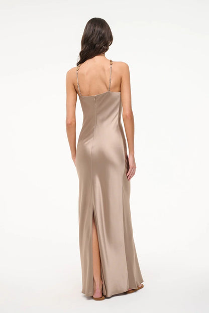 Luxe Taupe Satin Halter Maxi Dress with Minimalist Silhouette, Evening Dresses
