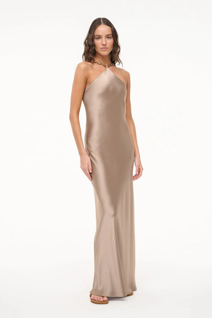 Luxe Taupe Satin Halter Maxi Dress with Minimalist Silhouette, Evening Dresses
