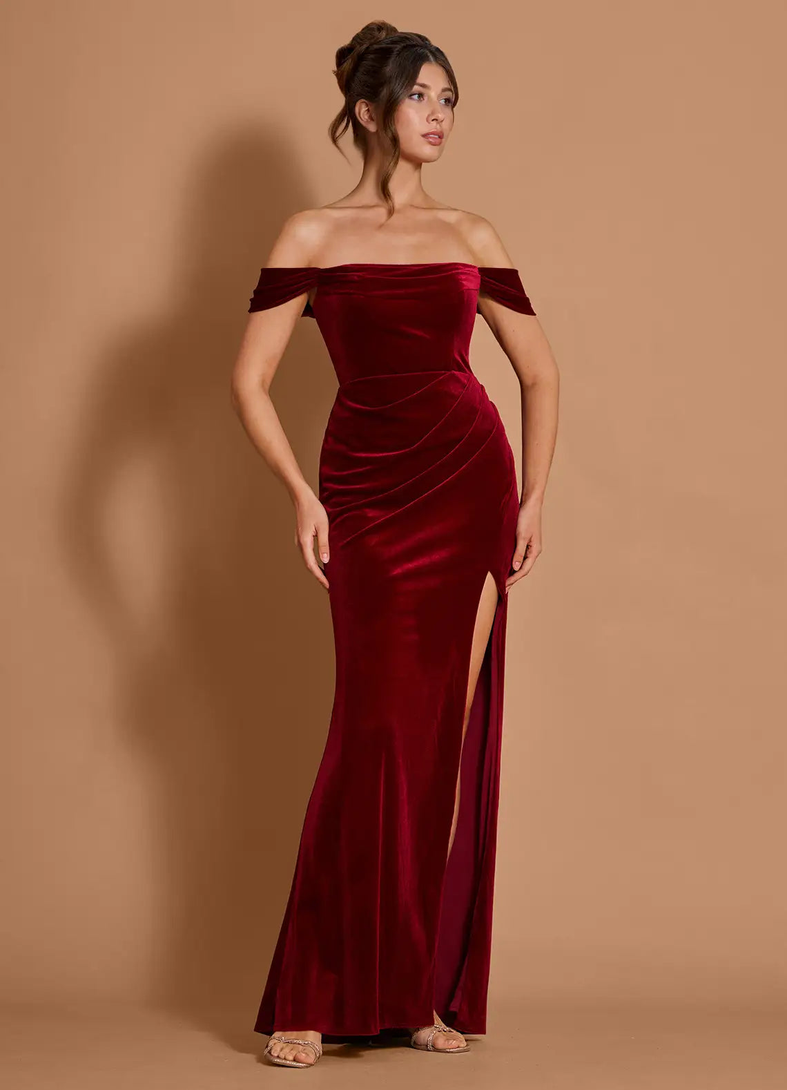 Luxurious Burgundy Velvet Off-Shoulder Gown with High Slit: Evening Dresses