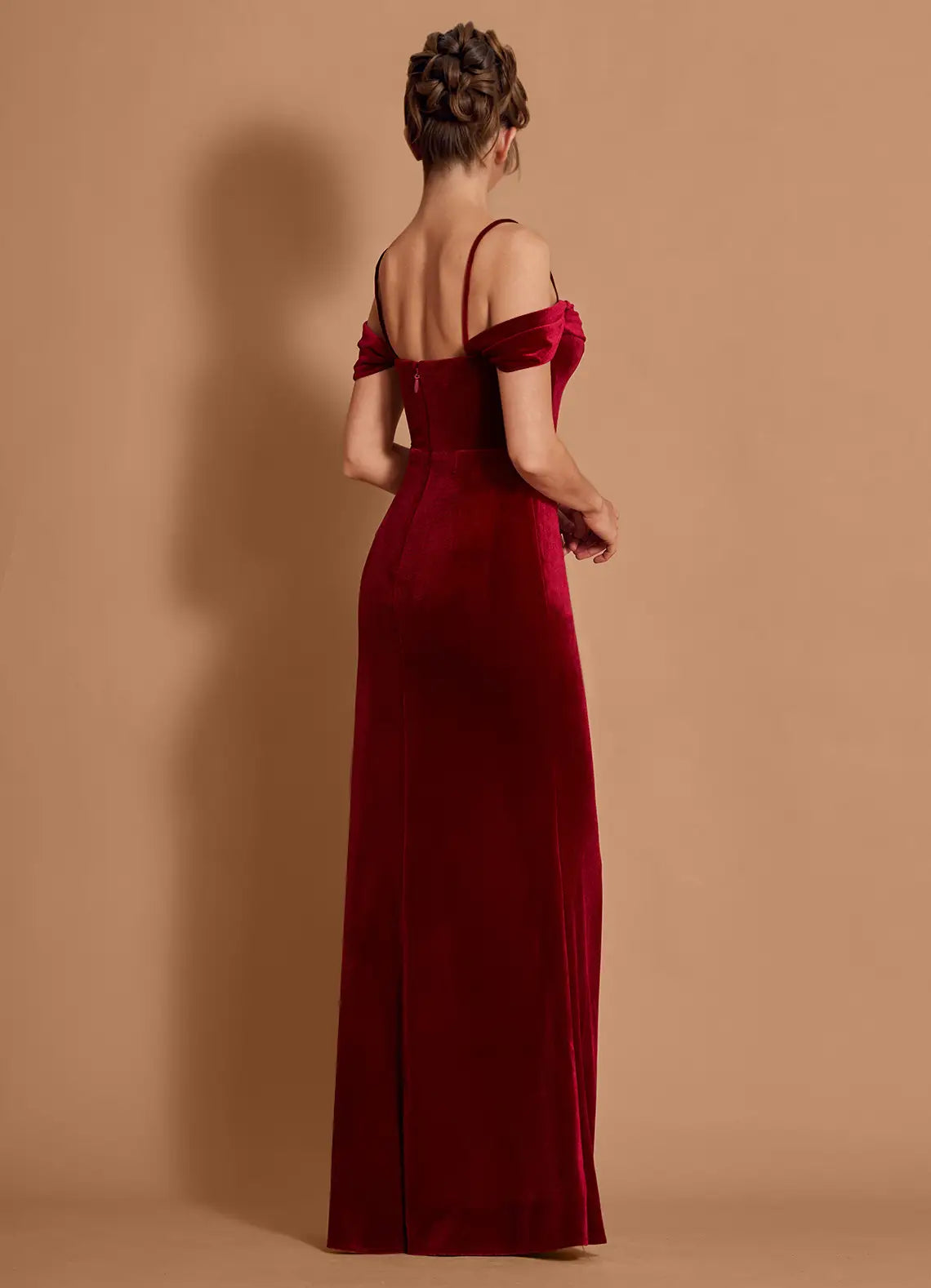 Luxurious Burgundy Velvet Off-Shoulder Gown with High Slit: Evening Dresses