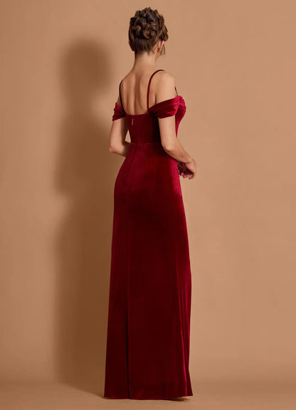 Luxurious Burgundy Velvet Off-Shoulder Gown with High Slit: Evening Dresses