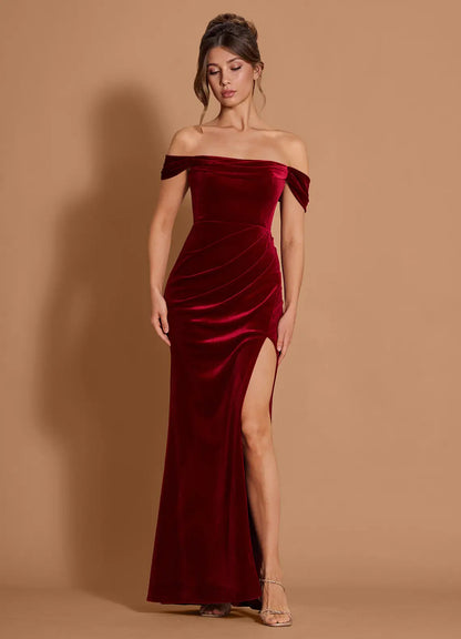 Luxurious Burgundy Velvet Off-Shoulder Gown with High Slit: Evening Dresses