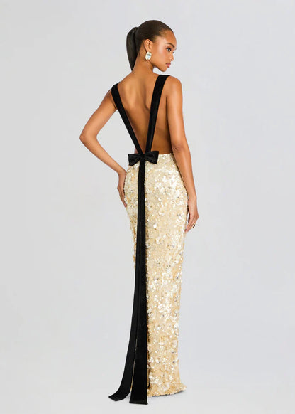Luxurious Champagne Sequin Square Neck Black Trim Sleeveless Open Back Floor-Length Evening Dress