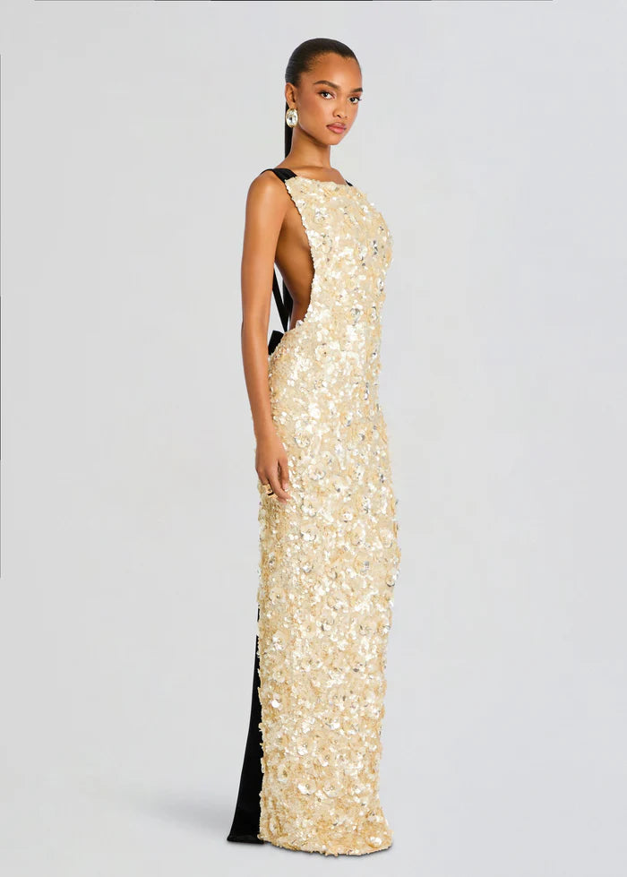 Luxurious Champagne Sequin Square Neck Black Trim Sleeveless Open Back Floor-Length Evening Dress