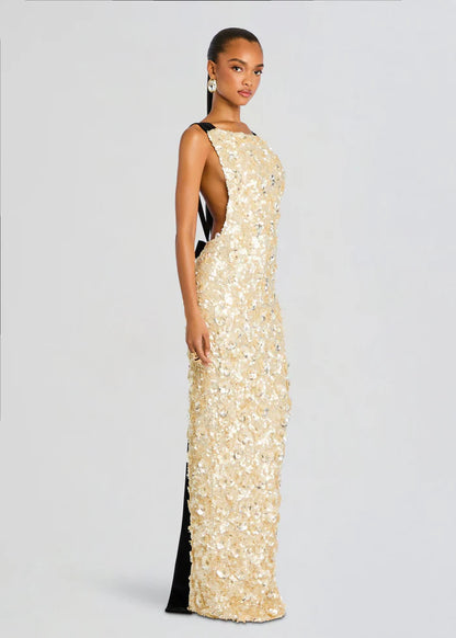 Luxurious Champagne Sequin Square Neck Black Trim Sleeveless Open Back Floor-Length Evening Dress