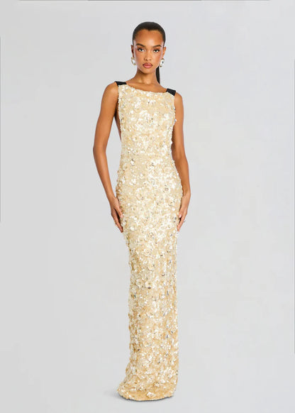 Luxurious Champagne Sequin Square Neck Black Trim Sleeveless Open Back Floor-Length Evening Dress
