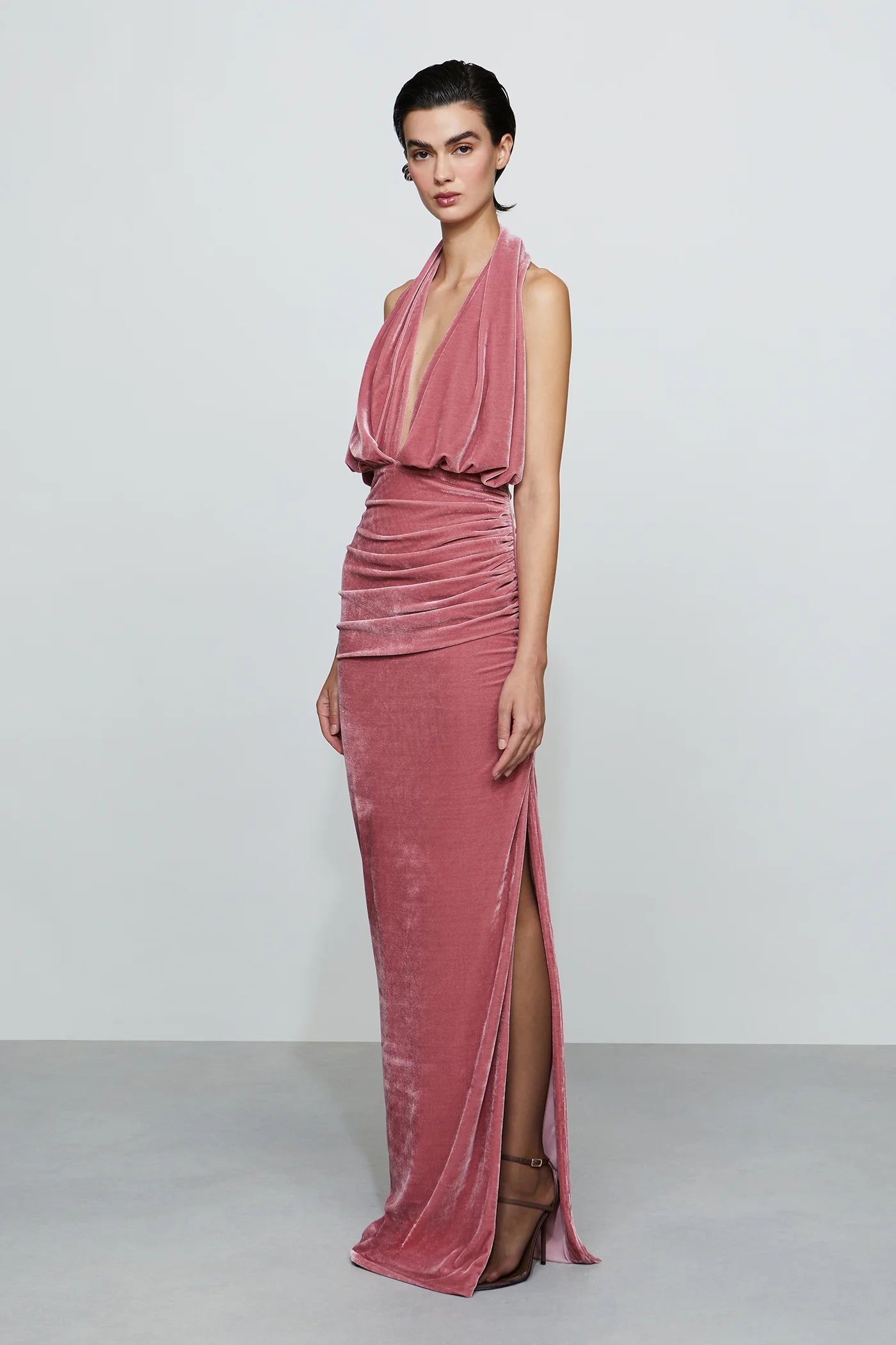 Luxurious Dusty Rose Velvet Halter Neck Draped Plunge V-Neck Ruched Floor-Length Evening Dress
