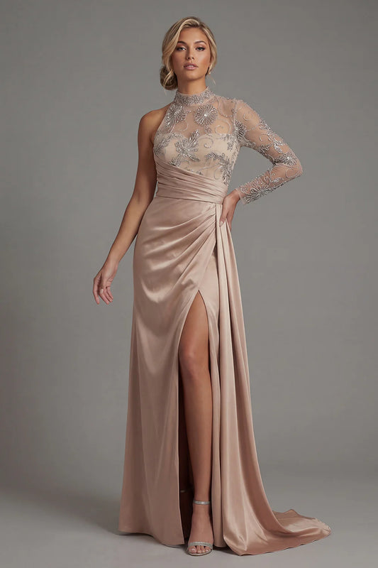 Luxurious High Neck One Shoulder Beaded Embellished Satin Gown with Sheer Sleeve, Ruched Waist, Side Slit and Open Back Prom Dress