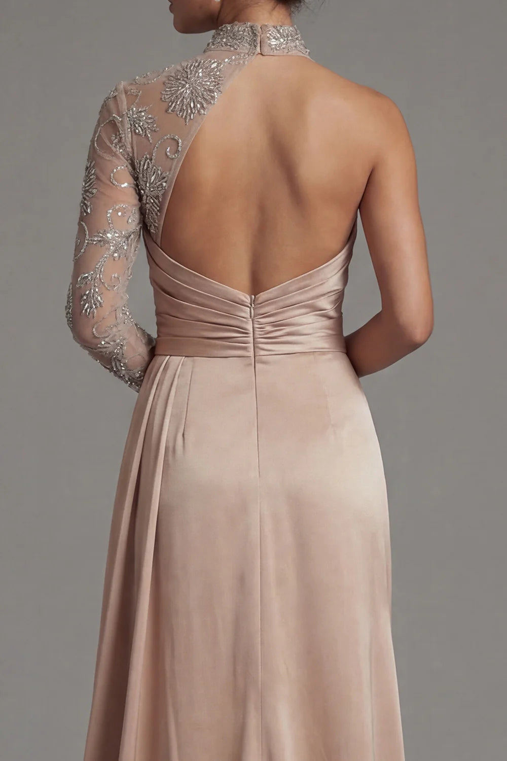 Luxurious High Neck One Shoulder Beaded Embellished Satin Gown with Sheer Sleeve, Ruched Waist, Side Slit and Open Back Prom Dress