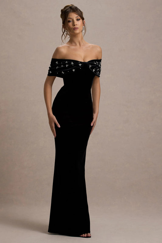 Luxurious Off-the-Shoulder Velvet Crystal-Embellished Evening Dresses