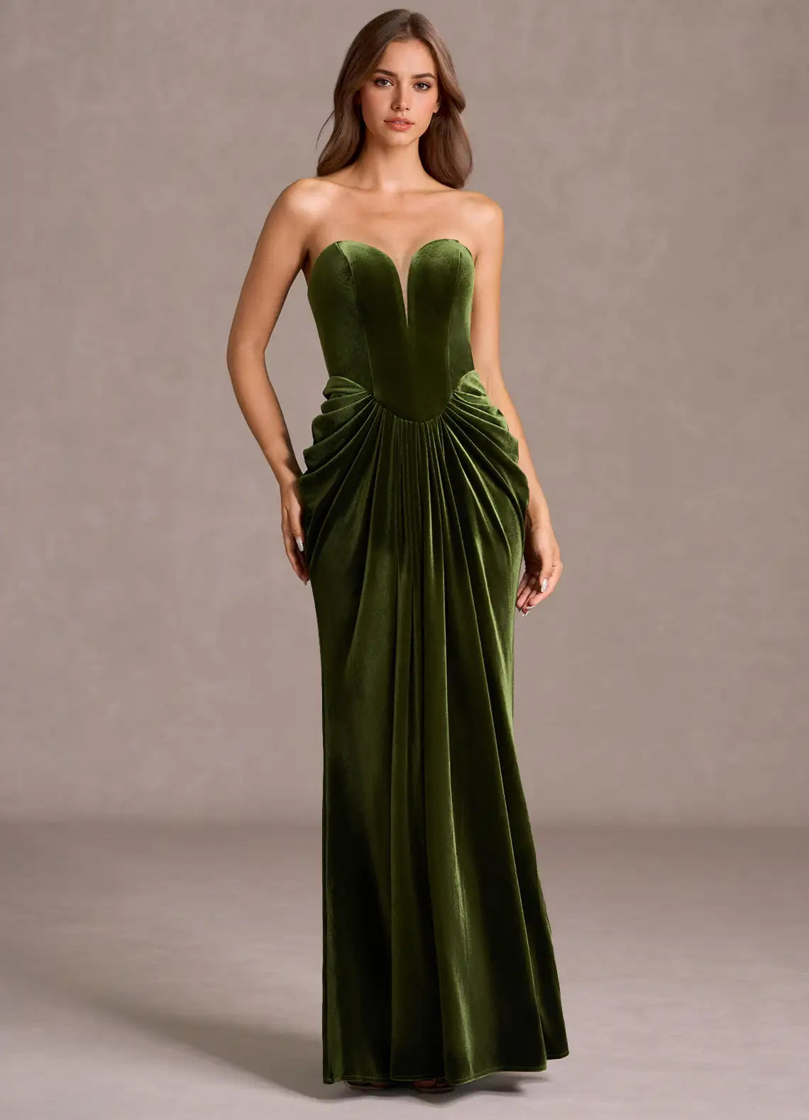 Luxurious Olive Green Velvet Strapless Gown with Draped Waist: Evening Dresses